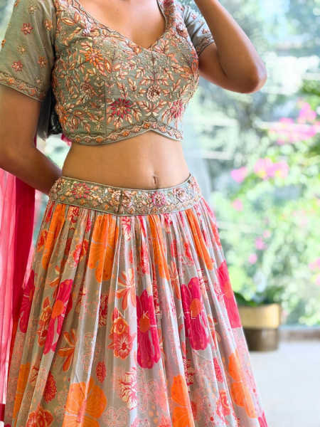 Avira Pista Green Embroidered Lehenga Set with Floral Print