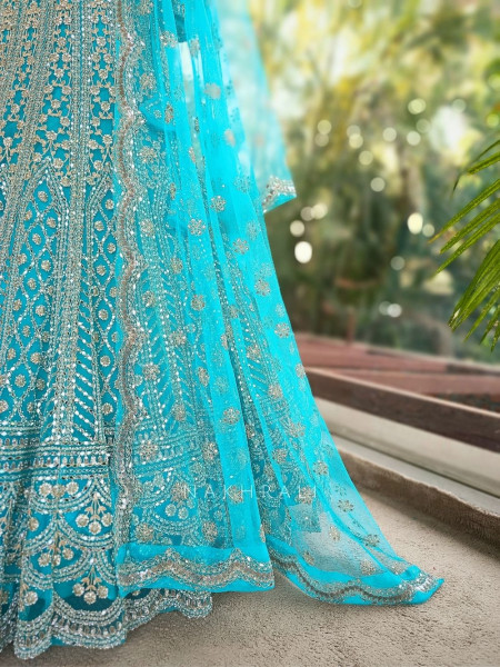 Sheesh Mahal Firozi Lehenga Set with Mirror and Heavy Embroidery Work