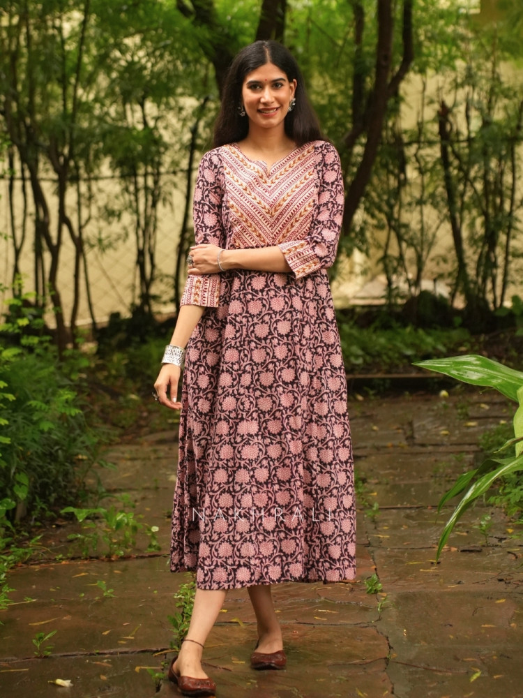 Image of Kalamora Black Cambric Cotton Anarkali Midi Dress With Floral Jaal &amp; Chevron Yoke
