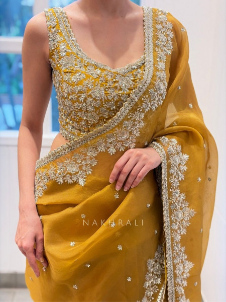 Suwarnam Mustard Tissue Silk Blend Saree with Sequin Work