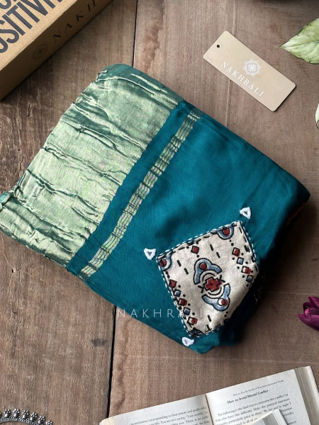 Kasha Green Patchwork Zari Weave Saree with Running Blouse Piece