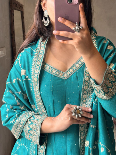Flourite Glow Teal Anarkali Suit with Zari & Sequin Work