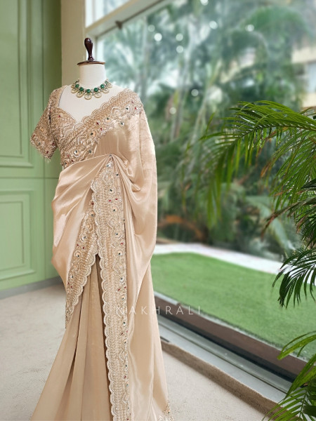 Ruby Royal Beige Raw Silk – Saree with Readymade Blouse