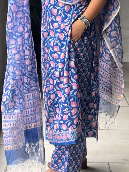 Azure Bloom Blue Cotton Suit Set