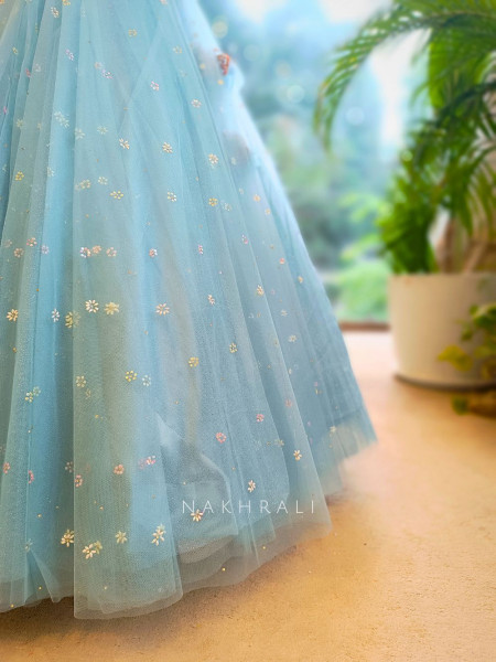 Aqua Grace Blue Net Lehenga with Embroidery & Zari Work