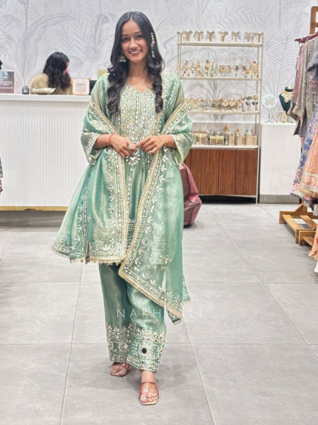 Mehreen Sage Green Mirrorwork Kurta Pant Set