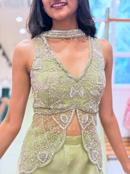 Amara Pista Green Indo-Western Set with Sequin and Cut Dana Work