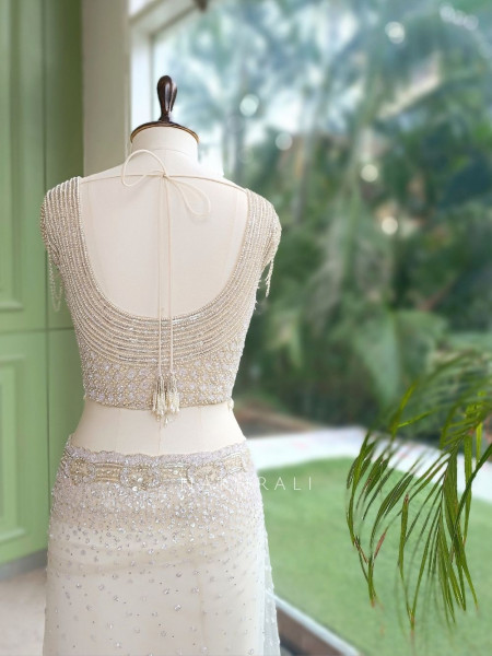 Alabaster Glitz Off-white French Net Designer Saree with Readymade Blouse