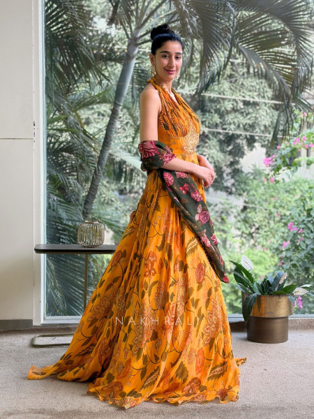 Marigold Bloom Floral Halter Neck Anarkali with Dupatta