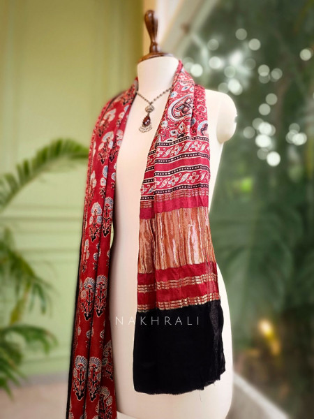 Aurelia Red Modal Silk Dupatta with Ajrakh Print