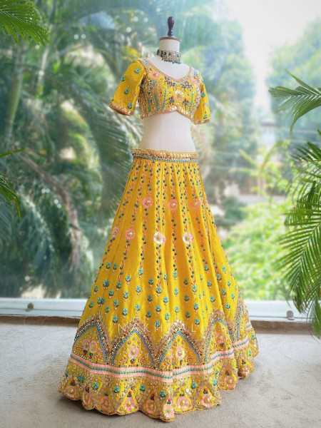 Kanira Yellow Bridal Lehenga with Sequin & Bead Embroidery