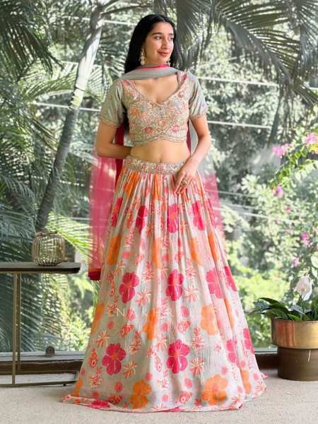 Avira Pista Green Embroidered Lehenga Set with Floral Print