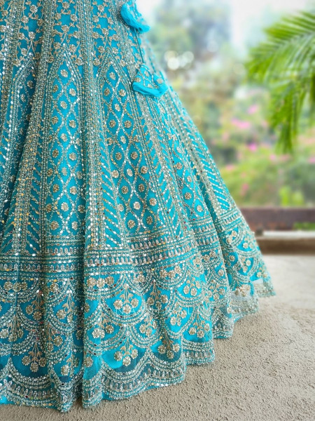 Sheesh Mahal Firozi Lehenga Set with Mirror and Heavy Embroidery Work