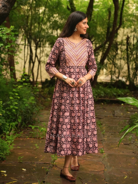 Kalamora Black Cambric Cotton Anarkali Midi Dress With Floral Jaal & Chevron Yoke