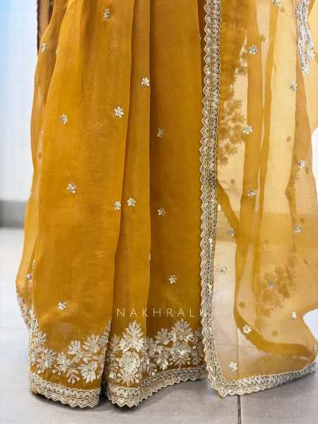 Suwarnam Mustard Tissue Silk Blend Saree with Sequin Work
