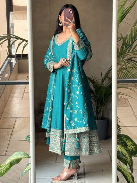 Flourite Glow Teal Anarkali Suit with Zari & Sequin Work