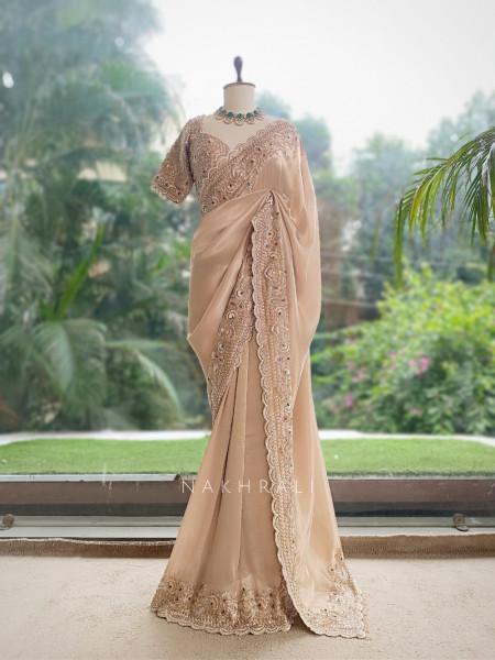 Ruby Royal Beige Raw Silk – Saree with Readymade Blouse