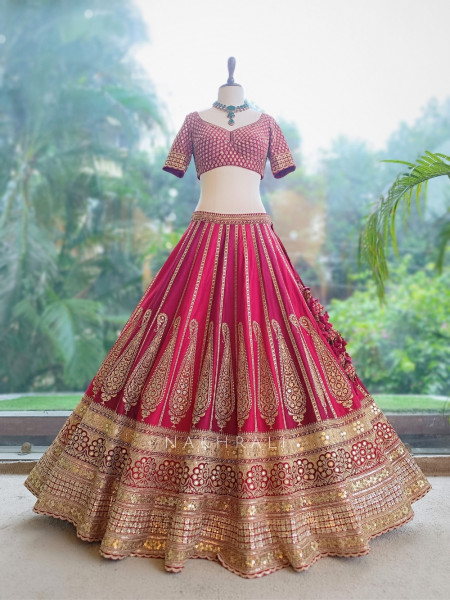 Mehraab Multicolor Pure Silk Bridal Lehenga Set With Zardozi Dabka & Gota Patti Work