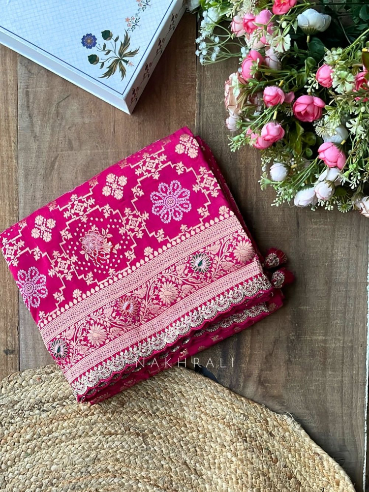 Image of Anant Bindu Magenta Bandhani Print Saree with Sequin Border