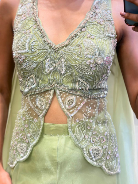 Amara Pista Green Indo-Western Set with Sequin and Cut Dana Work