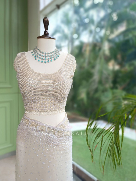 Alabaster Glitz Off-white French Net Designer Saree with Readymade Blouse