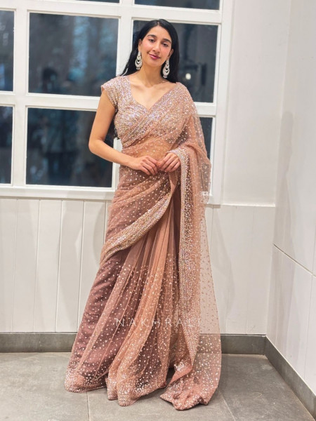 Regal Blush Brown Saree with Readymade Blouse