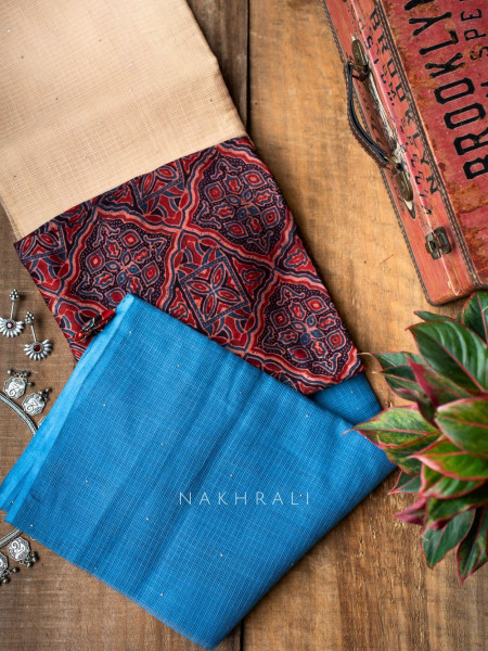 Vasu Handwoven Cream and Blue Kota Saree with Cotton Satin Blouse