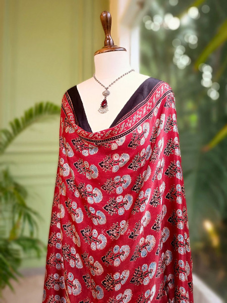 Aurelia Red Modal Silk Dupatta with Ajrakh Print