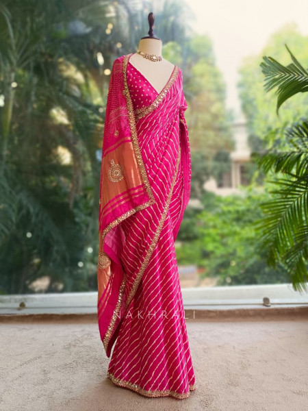 Gulnaar Pink Saree with Zari Bandhej Work