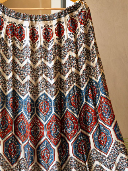 Jhoom White Modal Silk Ajrakh Skirt – Geometric Harmony
