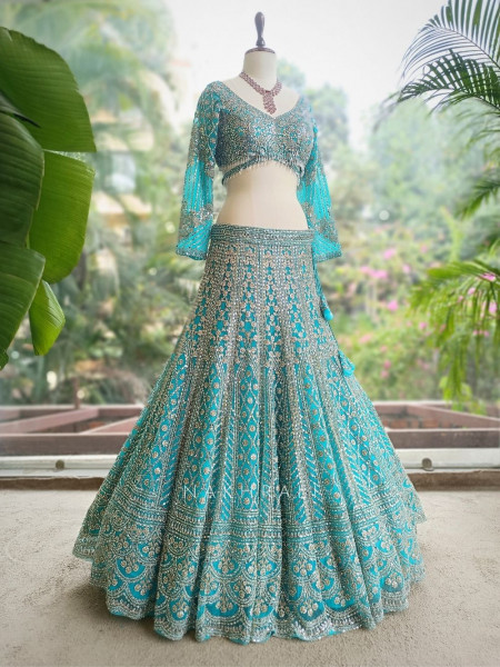 Sheesh Mahal Firozi Lehenga Set with Mirror and Heavy Embroidery Work