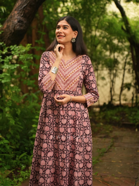 Kalamora Black Cambric Cotton Anarkali Midi Dress With Floral Jaal & Chevron Yoke
