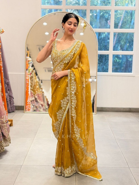 Suwarnam Mustard Tissue Silk Blend Saree with Sequin Work