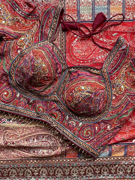 Ranjak Red Printed Saree with Readymade Blouse and Gota Embroidery