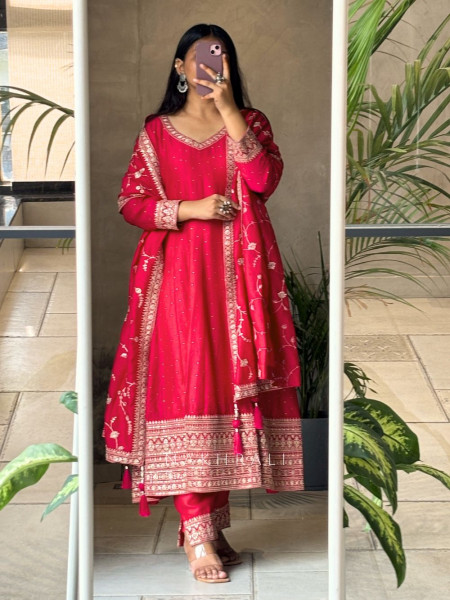 Crimson Glow Red Anarkali Suit with Zari & Sequin Work