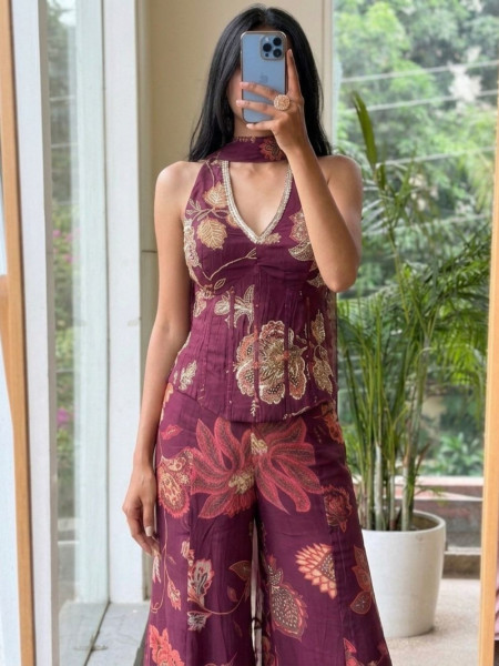 Kamalika Wine Georgette Indo-Western Palazzo Set