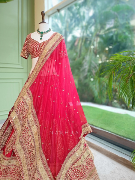 Mehraab Multicolor Pure Silk Bridal Lehenga Set With Zardozi Dabka & Gota Patti Work