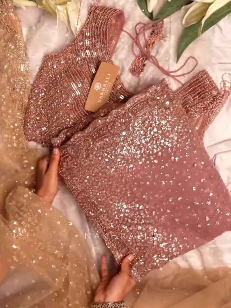 Image of Periwinkle Onion Pink Tissue Saree with Sequin Work