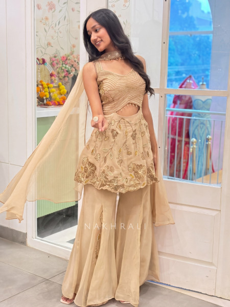 Tarunika Golden Chiffon Silk Blend Indo-Western Palazzo Peplum Set
