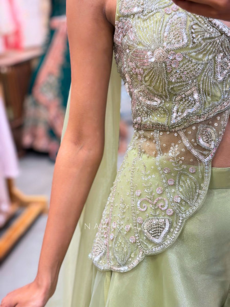Amara Pista Green Indo-Western Set with Sequin and Cut Dana Work