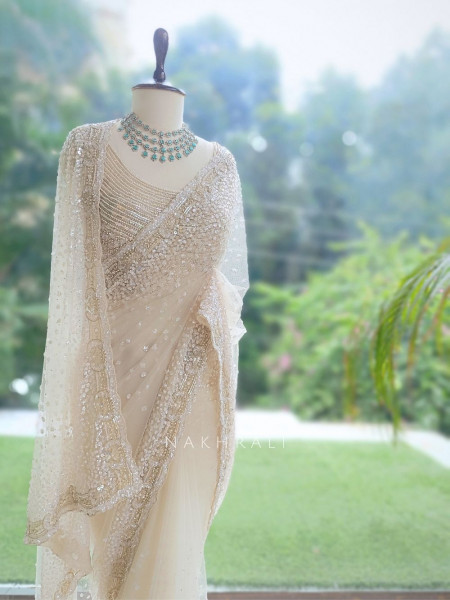 Alabaster Glitz Off-white French Net Designer Saree with Readymade Blouse