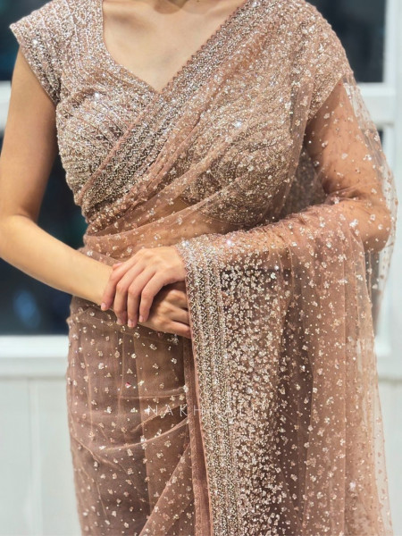 Regal Blush Brown Saree with Readymade Blouse