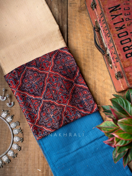 Vasu Handwoven Cream and Blue Kota Saree with Cotton Satin Blouse
