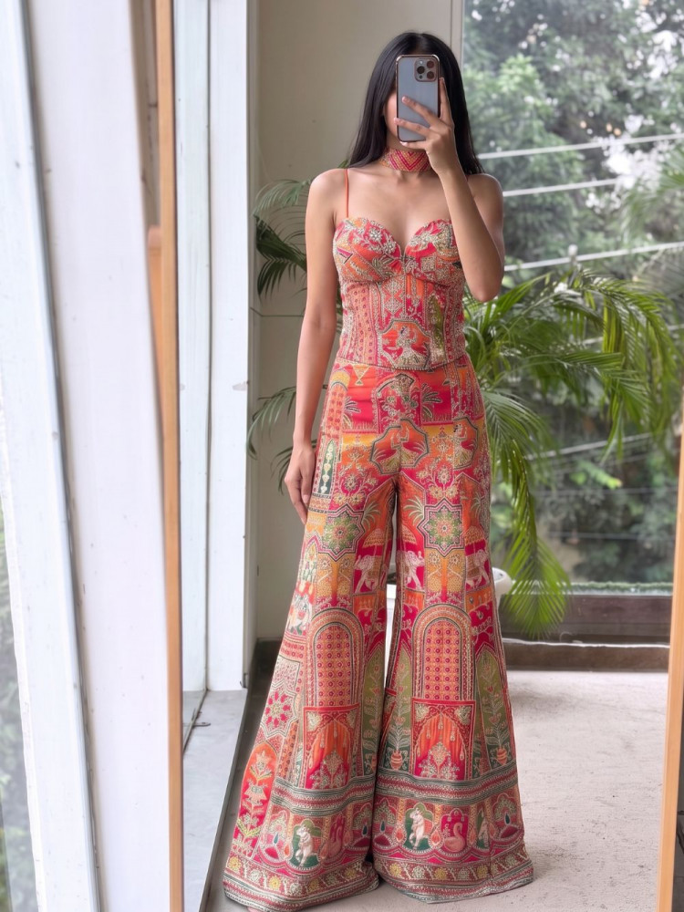 Image of Banarasi Red Patchwork Flared Palazzo Set