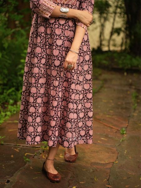 Kalamora Black Cambric Cotton Anarkali Midi Dress With Floral Jaal & Chevron Yoke