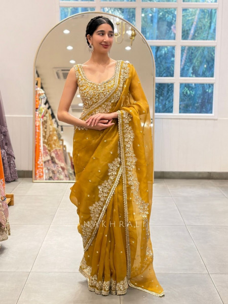 Suwarnam Mustard Tissue Silk Blend Saree with Sequin Work