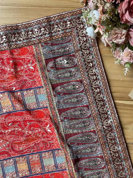 Ranjak Red Printed Saree with Readymade Blouse and Gota Embroidery