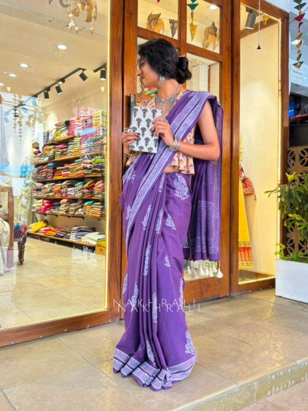 Kirmiz Purple Cotton Saree with Block Print