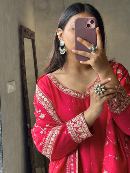 Crimson Glow Red Anarkali Suit with Zari & Sequin Work