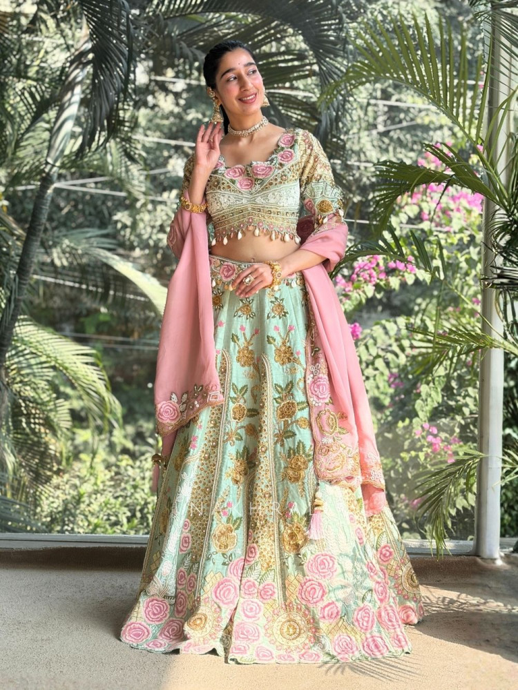 Image of Lynoria Sea Green Bridal Lehenga with Floral Embroidery